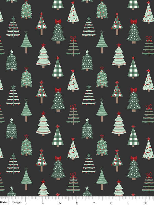 Evergreen Wishes Trees Black fabric with decorated Christmas trees on dark background