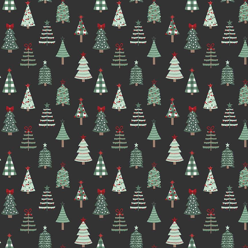 Evergreen Wishes Trees Black fabric with decorated Christmas trees on dark background
