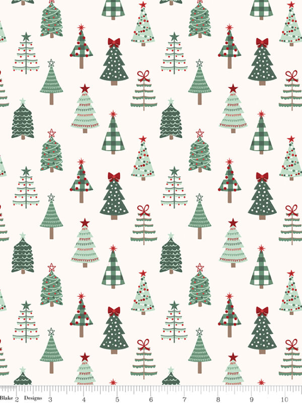 Evergreen Wishes Trees Cream fabric with decorated Christmas trees on light background