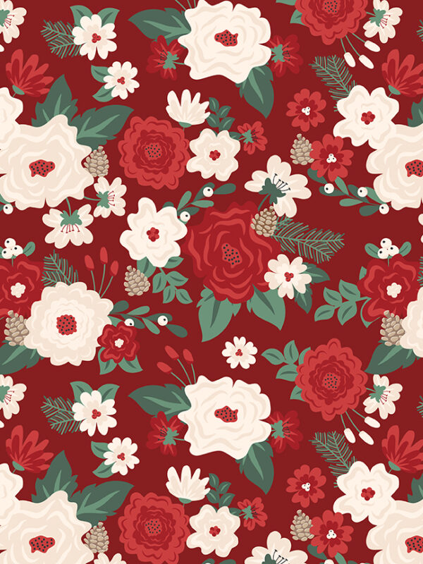 Evergreen Wishes Main Red Fabric by Traci Reed Evergreen Wishes Main Red fabric with floral clusters leaves berries and pinecones