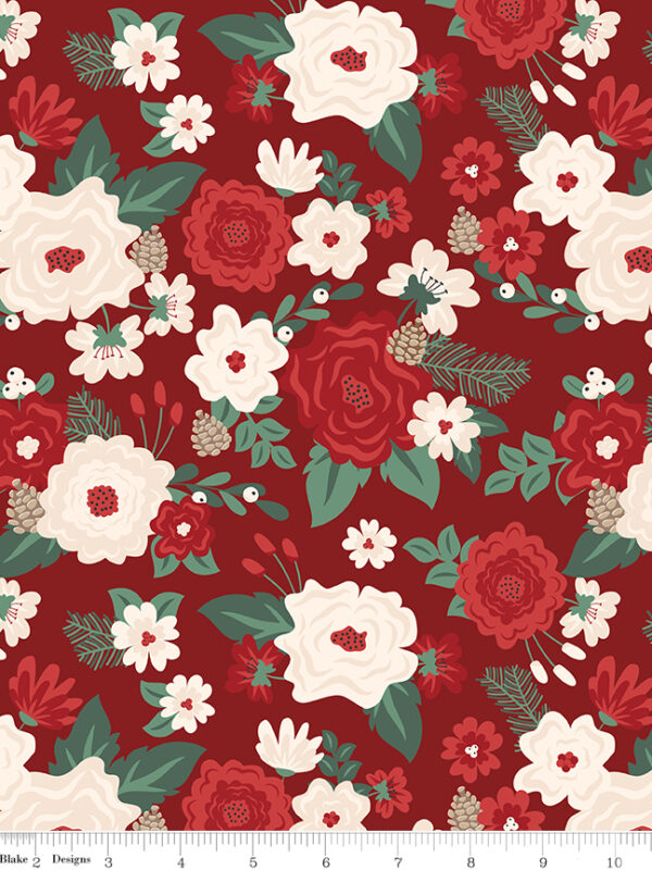 Evergreen Wishes Main Red fabric with floral clusters leaves berries and pinecones