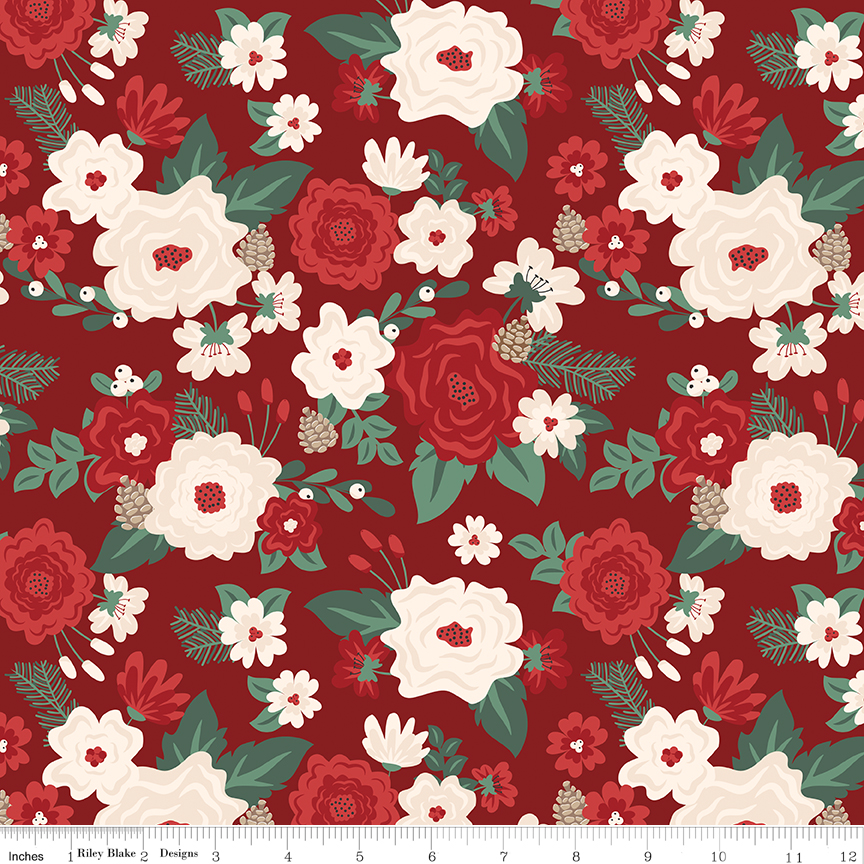 Evergreen Wishes Main Red fabric with floral clusters leaves berries and pinecones