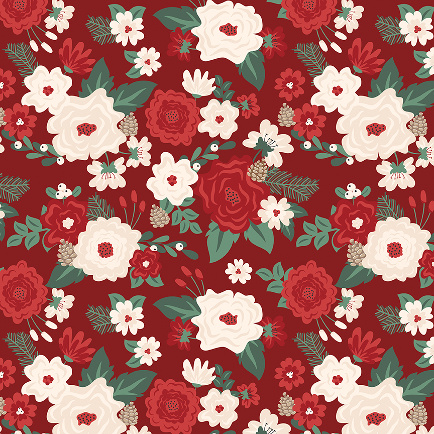 Evergreen Wishes Main Red fabric with floral clusters leaves berries and pinecones