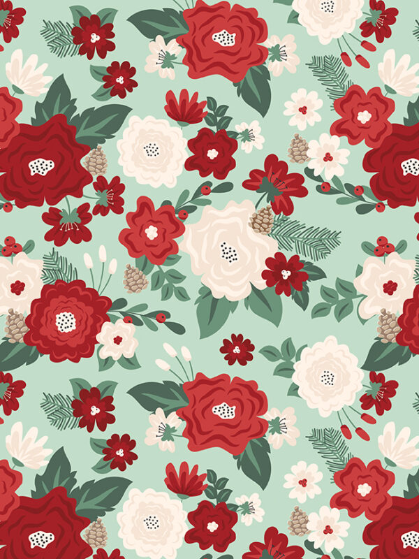 Evergreen Wishes Main Mint Fabric by Traci Reed Evergreen Wishes Main Mint fabric with floral clusters leaves berries and pinecones