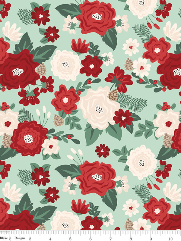 Evergreen Wishes Main Mint fabric with floral clusters leaves berries and pinecones