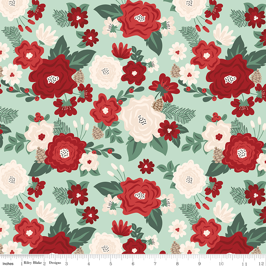 Evergreen Wishes Main Mint fabric with floral clusters leaves berries and pinecones