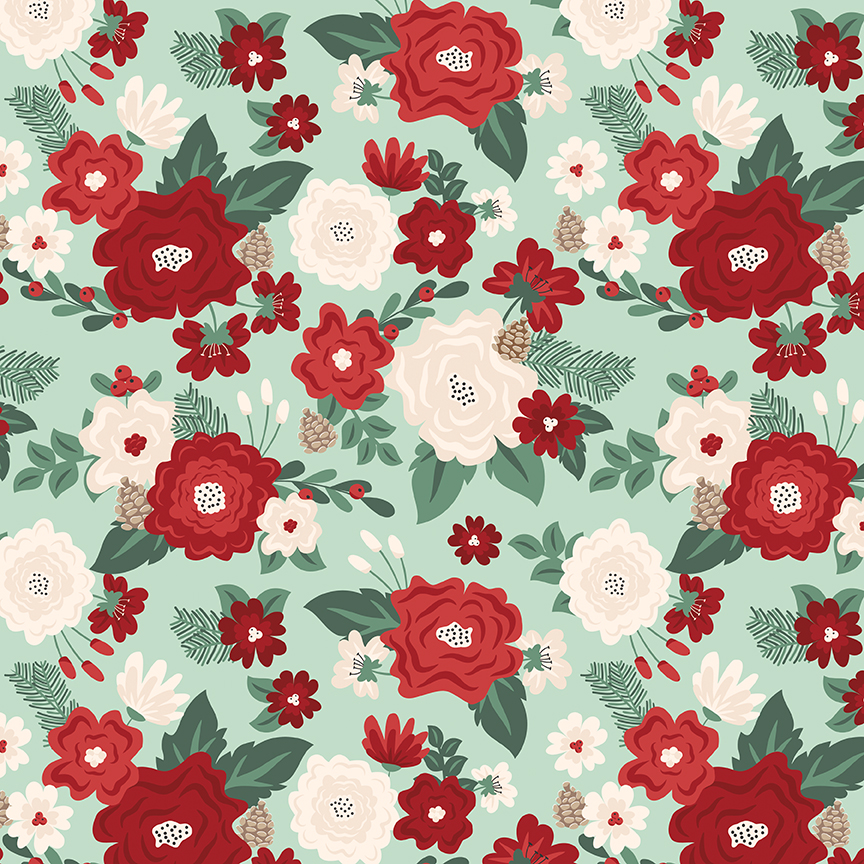 Evergreen Wishes Main Mint fabric with floral clusters leaves berries and pinecones