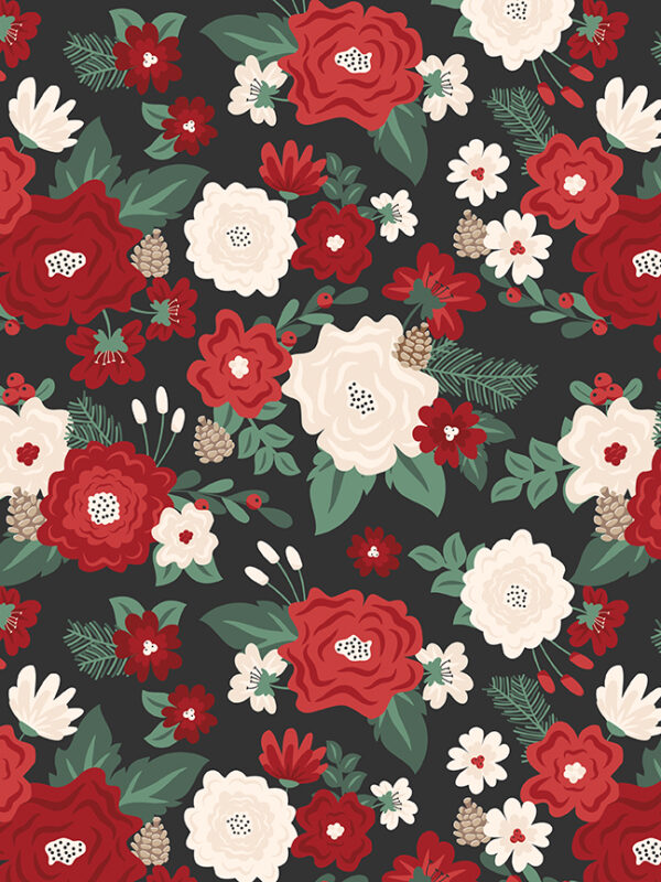 Evergreen Wishes Main Black Fabric by Traci Reed Evergreen Wishes Main Black fabric with floral clusters leaves berries and pinecones on dark background