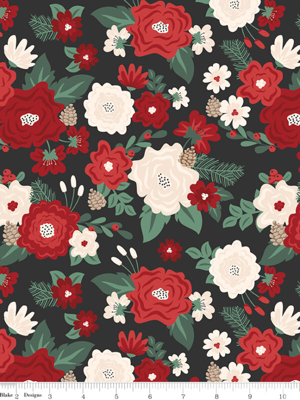 Evergreen Wishes Main Black fabric with floral clusters leaves berries and pinecones on dark background