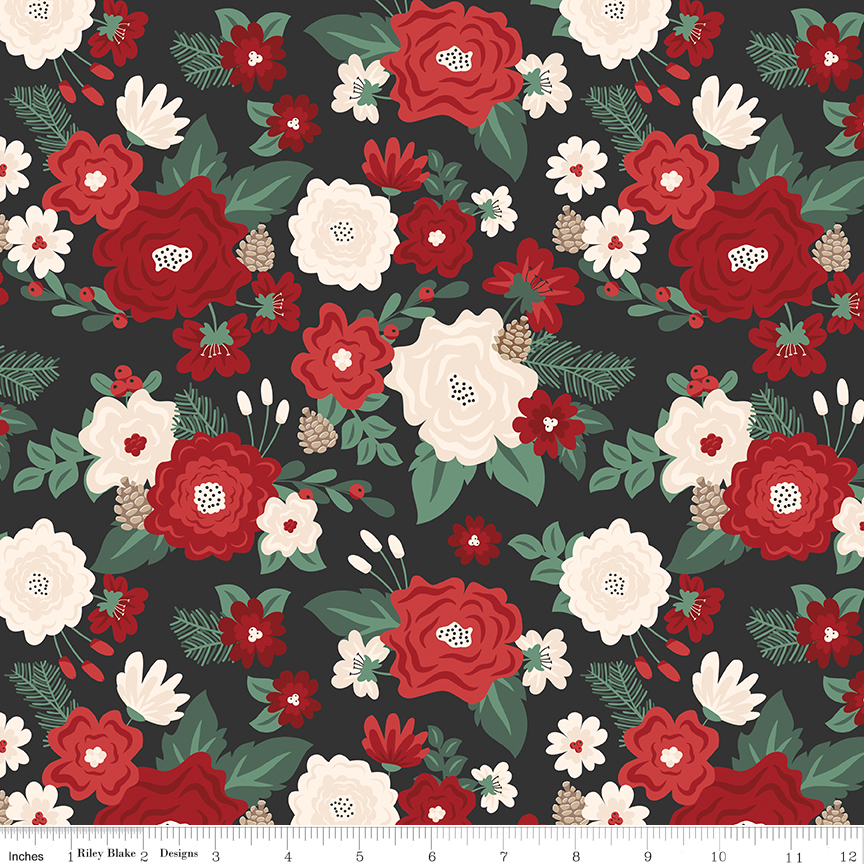 Evergreen Wishes Main Black fabric with floral clusters leaves berries and pinecones on dark background