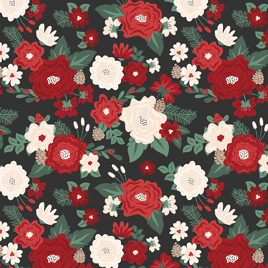 Evergreen Wishes Main Black fabric with floral clusters leaves berries and pinecones on dark background