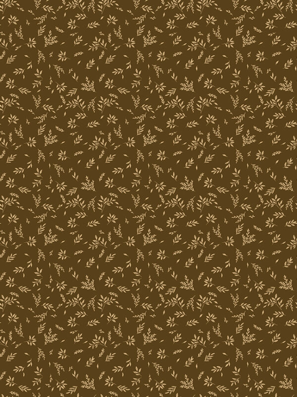 Bountiful Leaves Brown Fabric by Sandy Gervais Bountiful Leaves Brown fabric with scattered leaf pattern on brown background