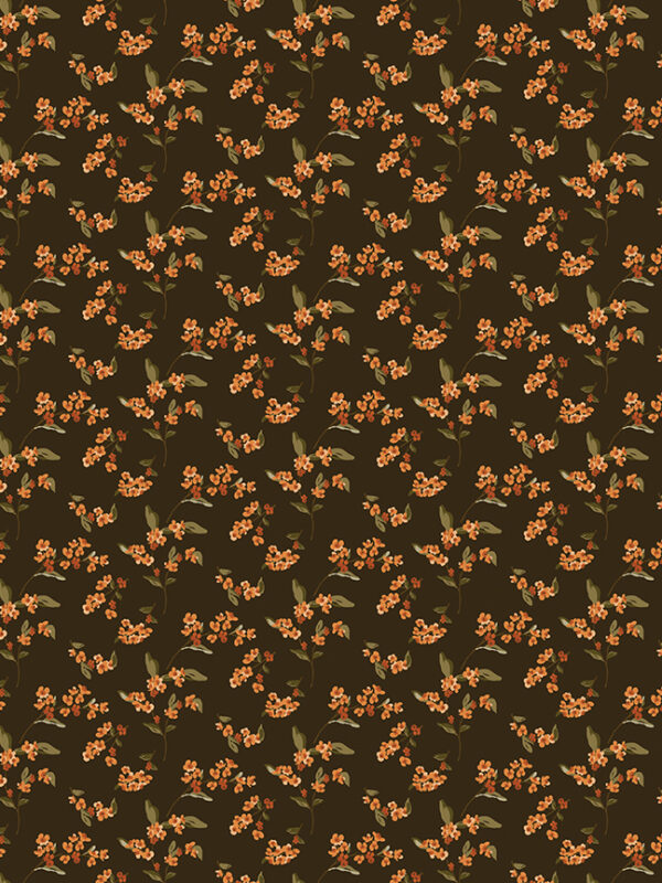 Bountiful Bittersweet Mocha fabric with flowers and leaves on brown background