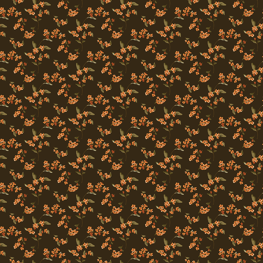Bountiful Bittersweet Mocha fabric with flowers and leaves on brown background