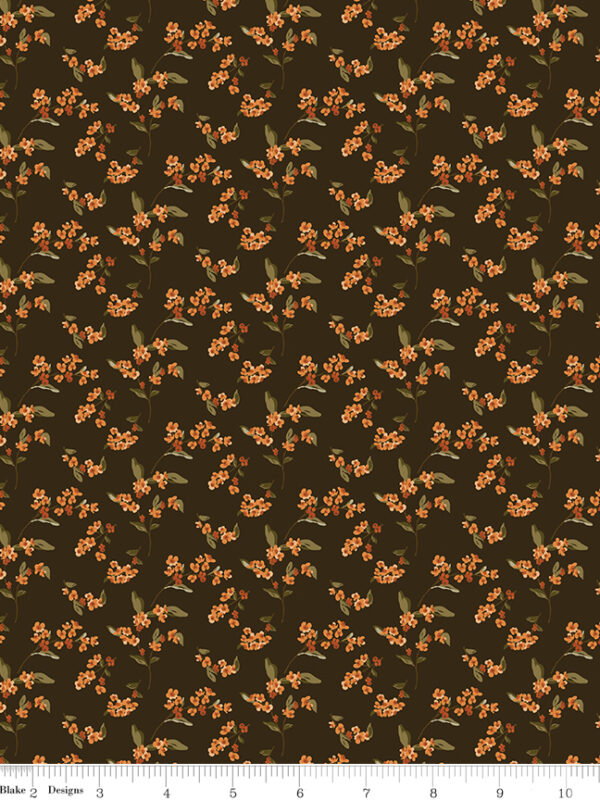 Bountiful Bittersweet Mocha fabric with flowers and leaves on brown background