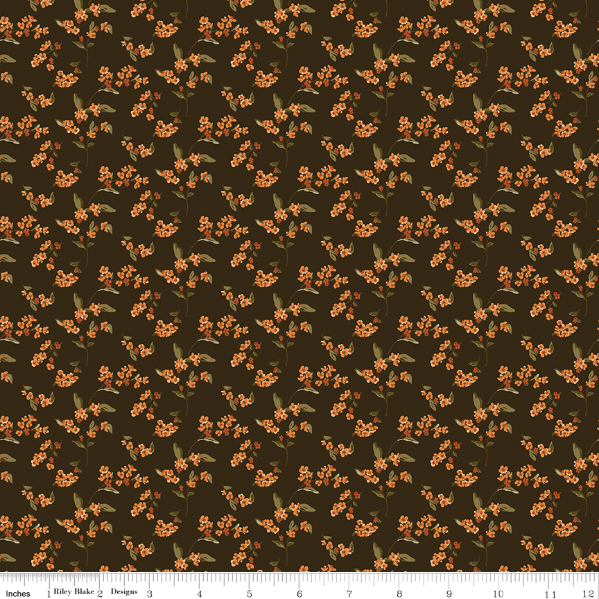Bountiful Bittersweet Mocha fabric with flowers and leaves on brown background