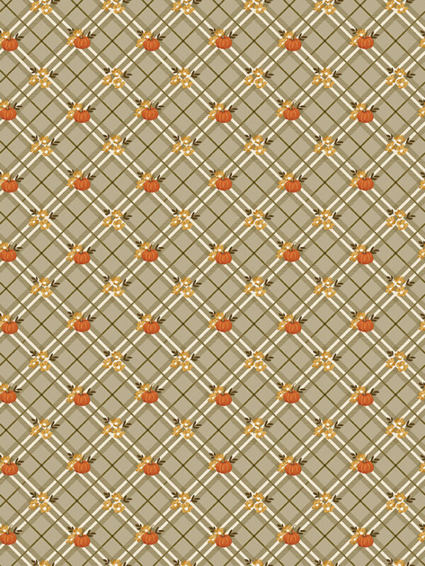 Bountiful Pumpkin Plaid Sage Fabric by Sandy Gervais Bountiful Pumpkin Plaid Sage fabric with plaid pumpkins and fall leaves