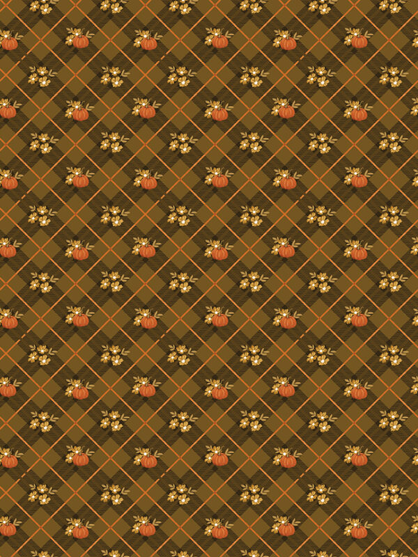 Bountiful Pumpkin Plaid Suede fabric with plaid pumpkins and fall leaves
