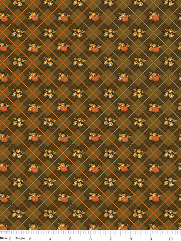 Bountiful Pumpkin Plaid Suede fabric with plaid pumpkins and fall leaves
