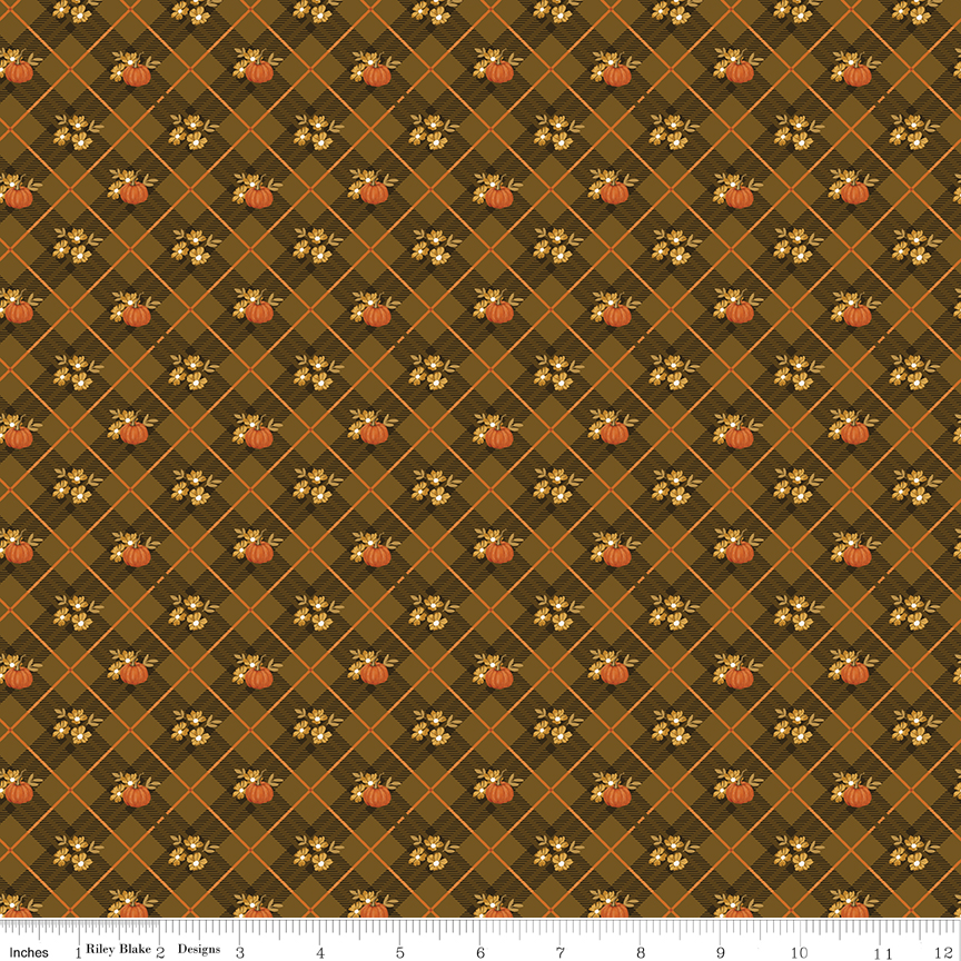 Bountiful Pumpkin Plaid Suede fabric with plaid pumpkins and fall leaves