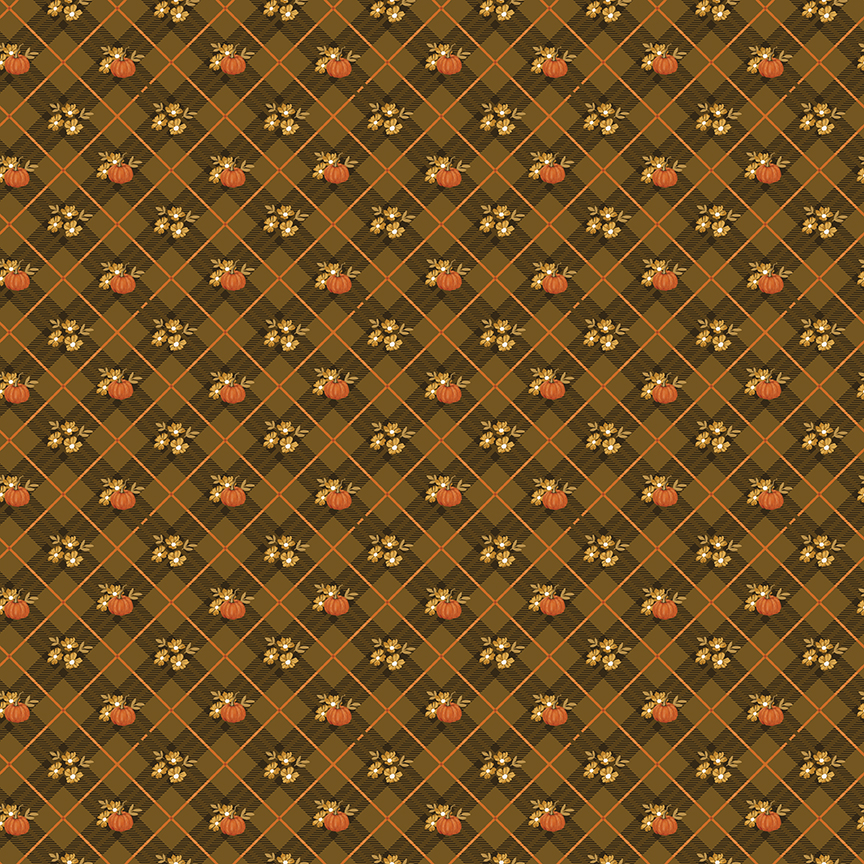 Bountiful Pumpkin Plaid Suede fabric with plaid pumpkins and fall leaves