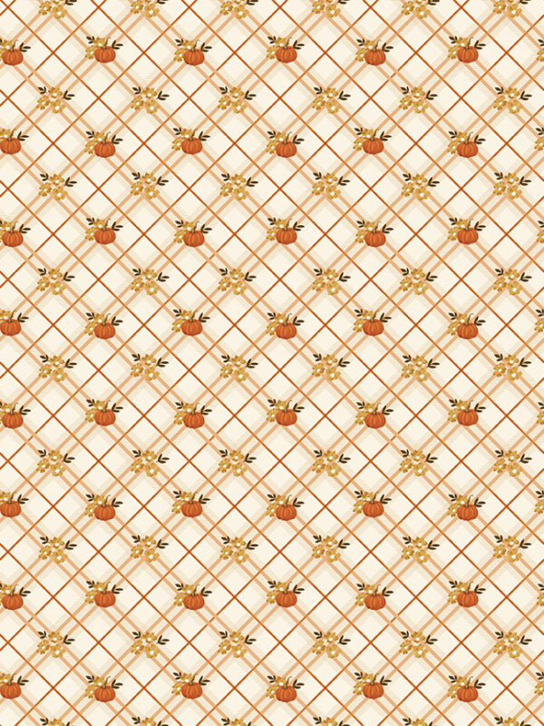 Bountiful Pumpkin Plaid Cream fabric with plaid pumpkins and fall leaves
