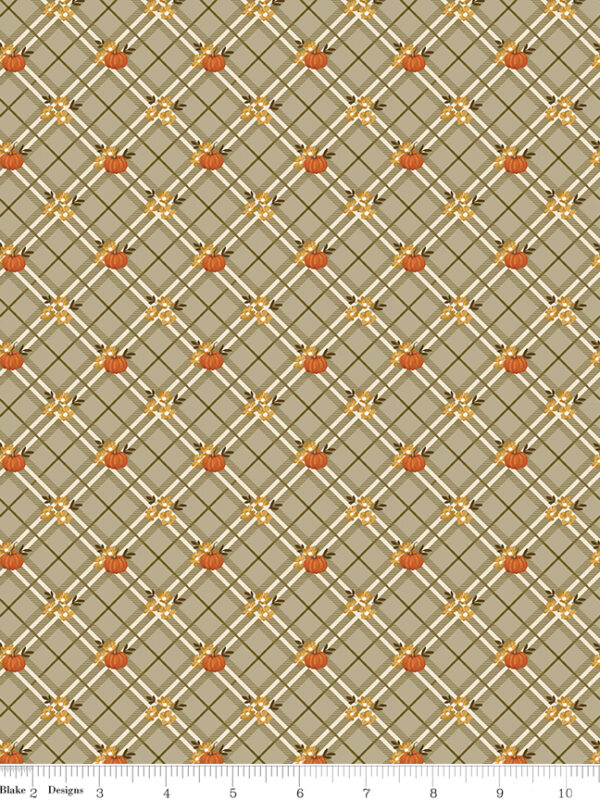 Bountiful Pumpkin Plaid Sage fabric with plaid pumpkins and fall leaves