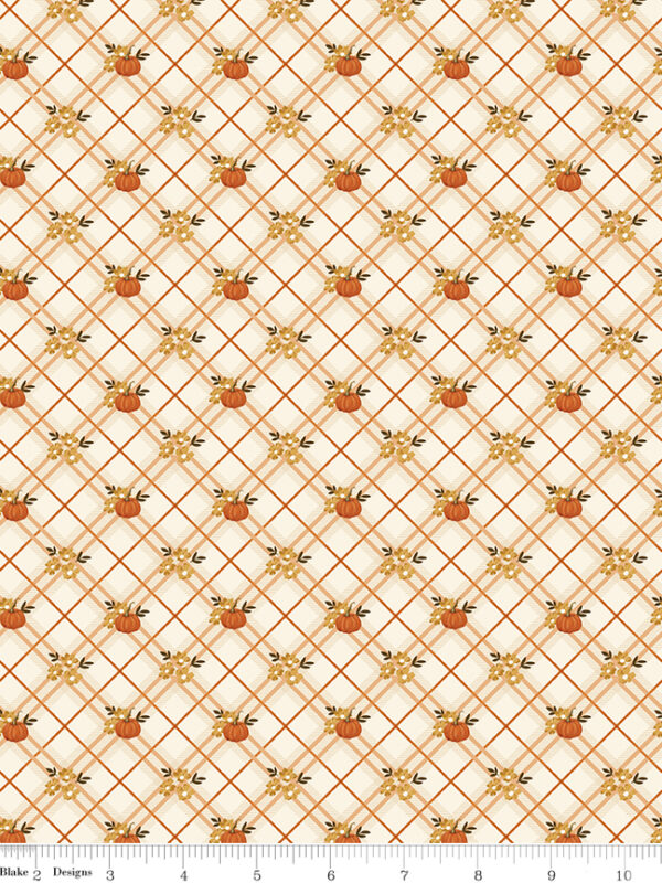 Bountiful Pumpkin Plaid Cream fabric with plaid pumpkins and fall leaves