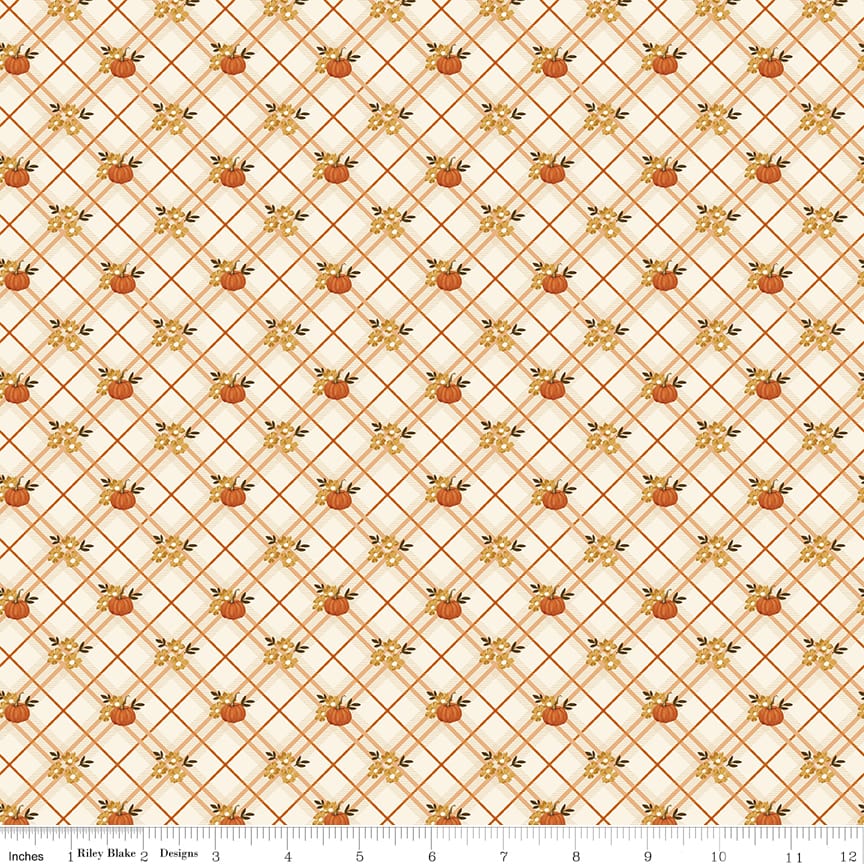 Bountiful Pumpkin Plaid Cream fabric with plaid pumpkins and fall leaves