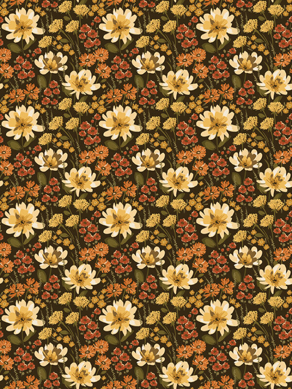 Bountiful Floral Mocha fabric with dense floral pattern on brown background