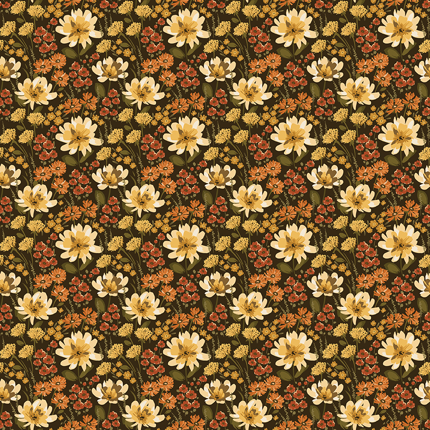 Bountiful Floral Mocha fabric with dense floral pattern on brown background