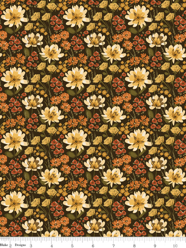Bountiful Floral Mocha fabric with dense floral pattern on brown background