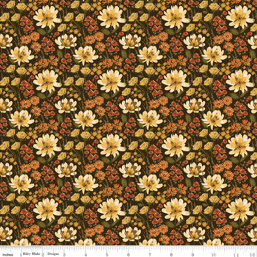 Bountiful Floral Mocha fabric with dense floral pattern on brown background