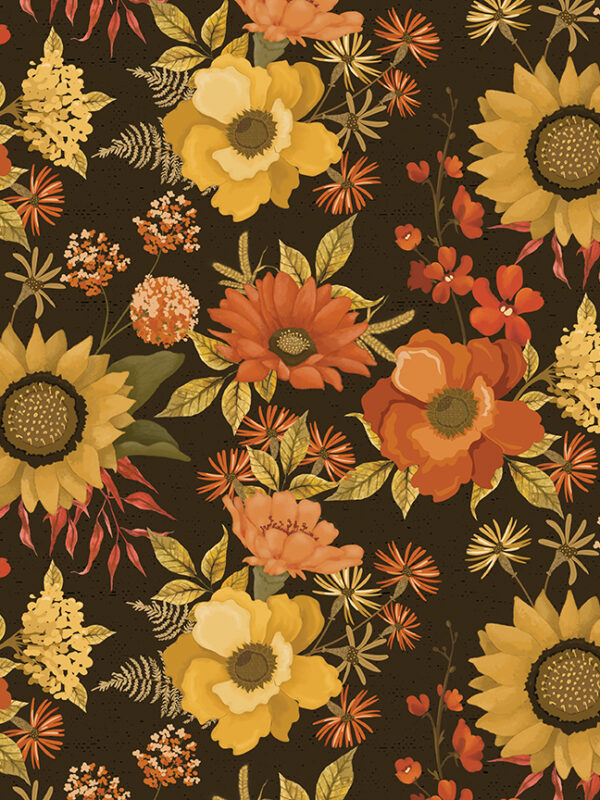 Bountiful Main Mocha fabric with large clusters of fall flowers and leaves