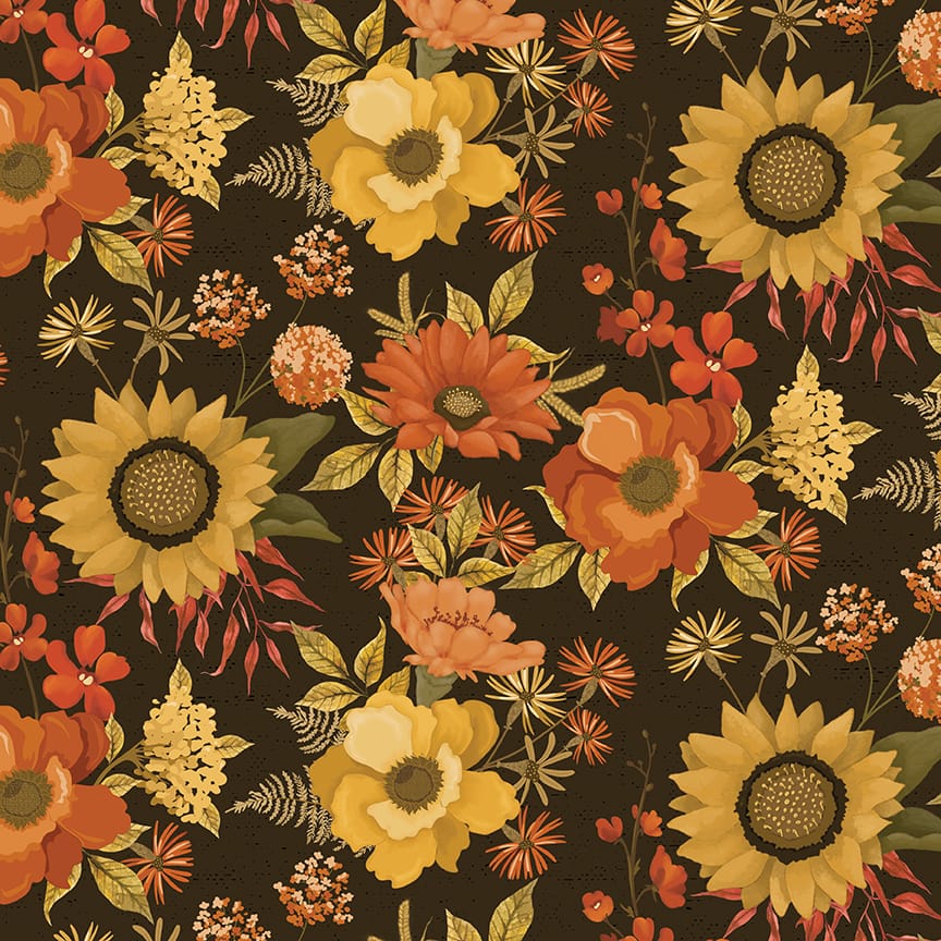 Bountiful Main Mocha fabric with large clusters of fall flowers and leaves