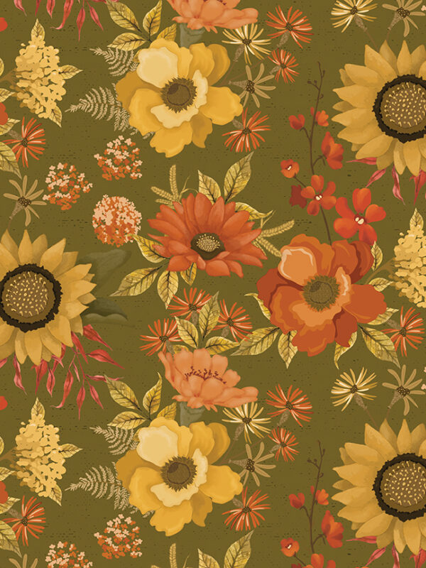 Bountiful Main Green fabric with large clusters of fall flowers and leaves