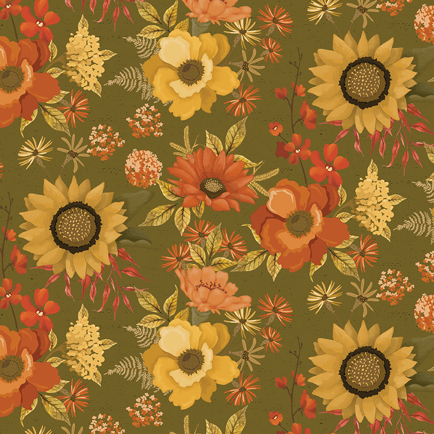 Bountiful Main Green fabric with large clusters of fall flowers and leaves