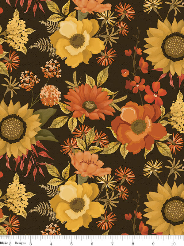Bountiful Main Mocha fabric with large clusters of fall flowers and leaves
