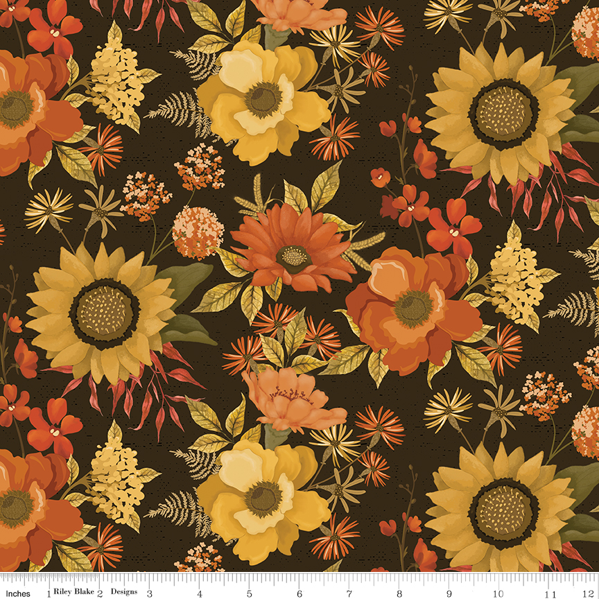Bountiful Main Mocha fabric with large clusters of fall flowers and leaves
