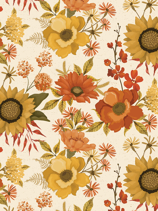 Bountiful Main Cream fabric with large clusters of fall flowers and leaves on light background