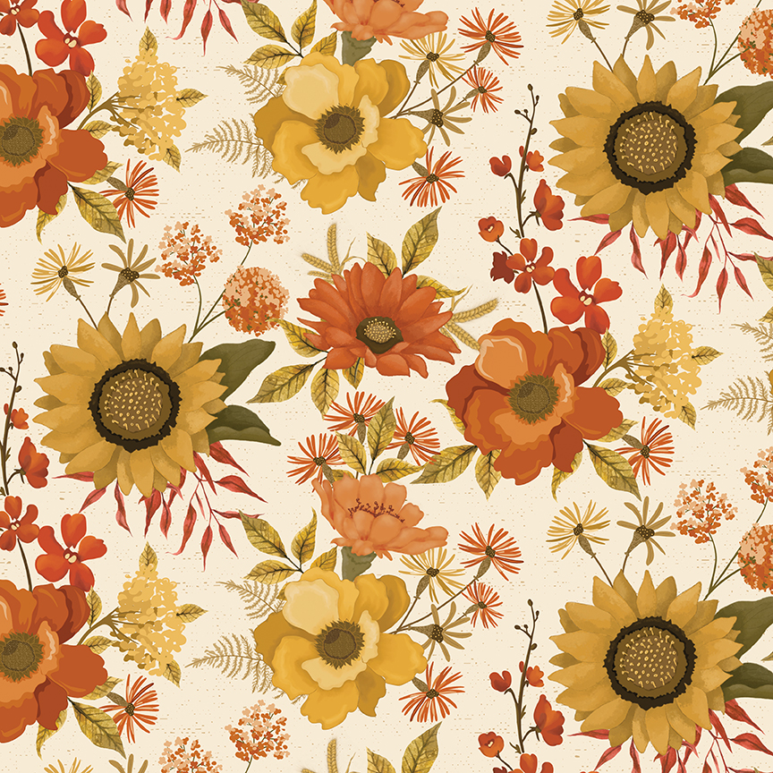 Bountiful Main Cream fabric with large clusters of fall flowers and leaves on light background
