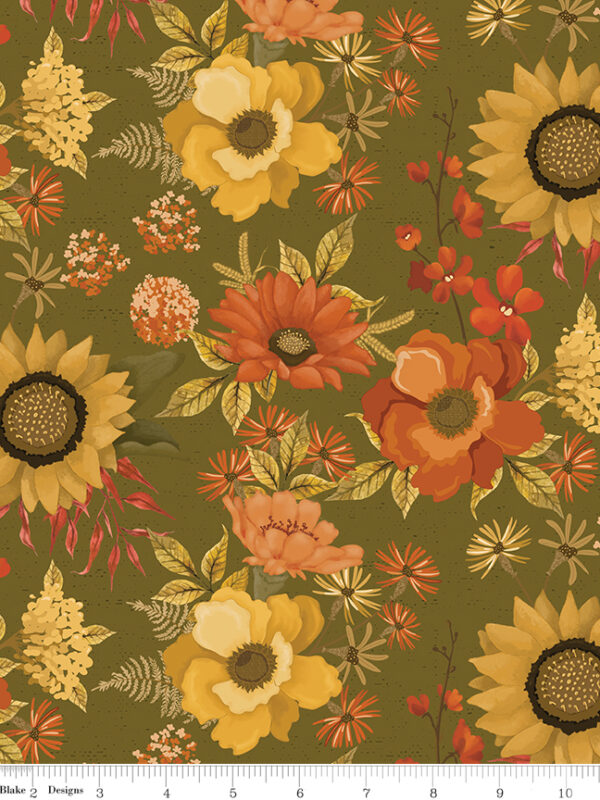 Bountiful Main Green fabric with large clusters of fall flowers and leaves