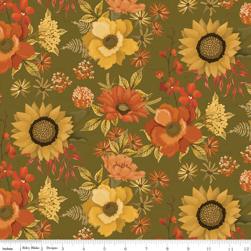 Bountiful Main Green fabric with large clusters of fall flowers and leaves