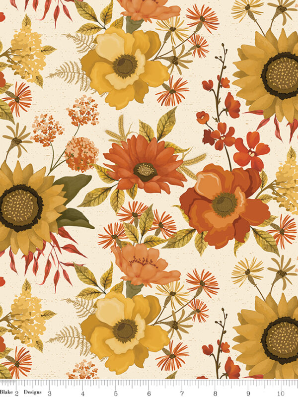 Bountiful Main Cream fabric with large clusters of fall flowers and leaves on light background