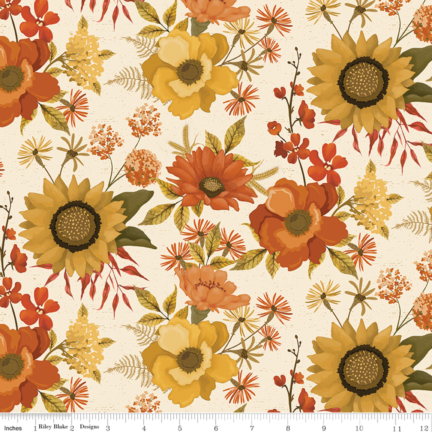 Bountiful Main Cream fabric with large clusters of fall flowers and leaves on light background