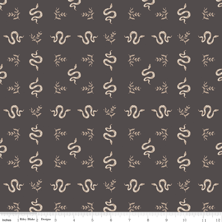 Apothecary Serpents Charcoal fabric with snakes and botanical design