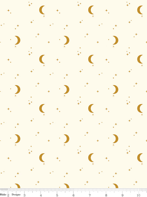 Apothecary Night Sky Cream fabric with moons spiders and stars on light background