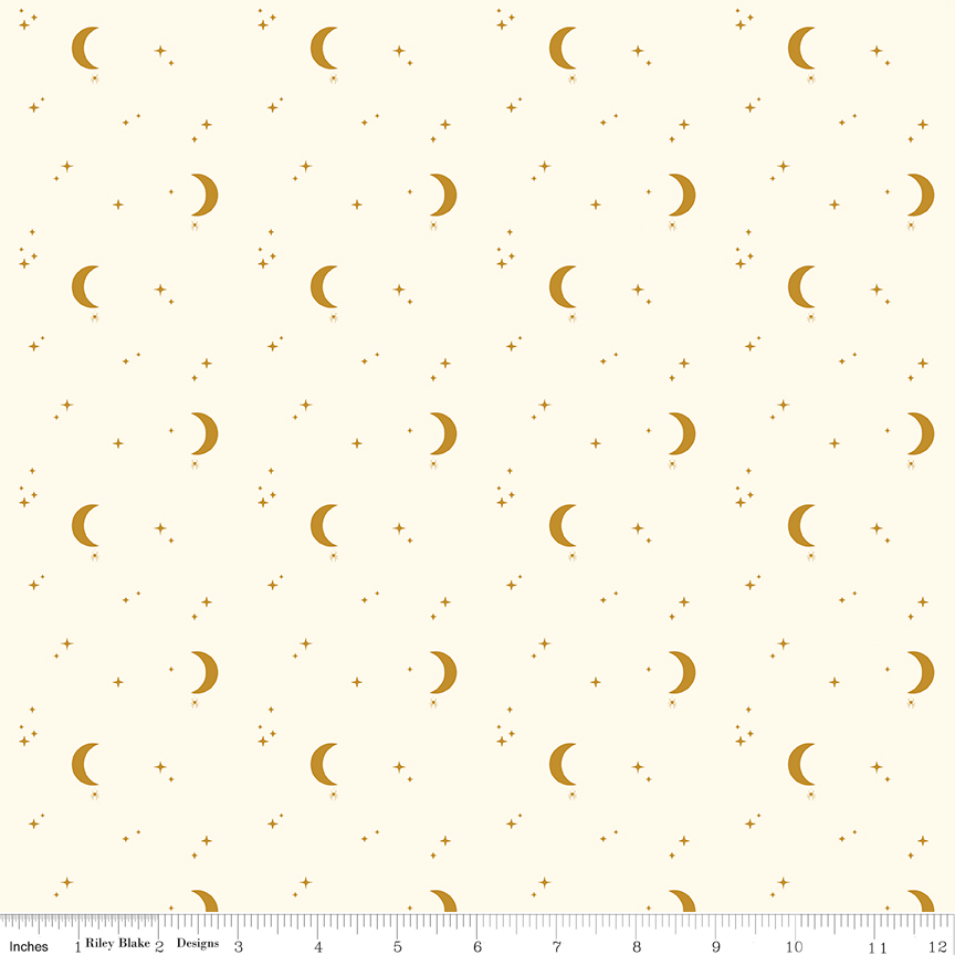 Apothecary Night Sky Cream fabric with moons spiders and stars on light background