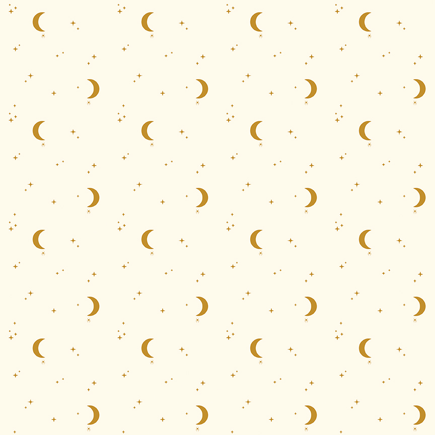 Apothecary Night Sky Cream fabric with moons spiders and stars on light background