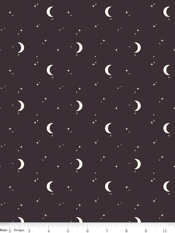 Apothecary Night Sky Midnight fabric with moons spiders and stars on dark background